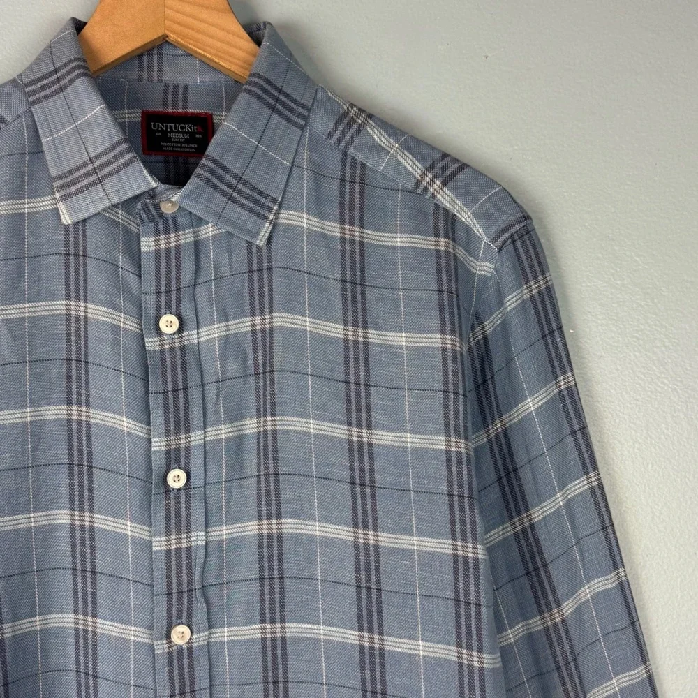 UNTUCKit Garzon Mens Medium Blue Plaid Cotton Linen Slim Fit Button Down Shirt